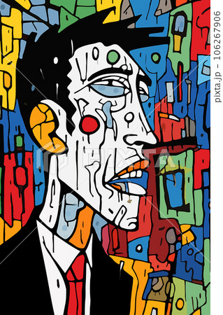 Colorful painting of a horrified Caucasian man on a city street. Artistic portrait of a guy in pain crying. Mental health issues concept 106267906