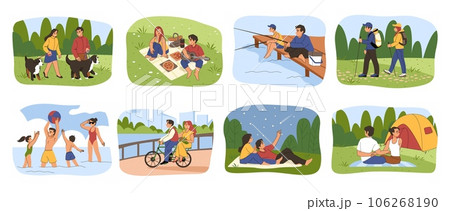 People relax in park. Picnic and walk with dog. Nature hiking. Summer camping. Man and woman lying on grass. Fishing and looking at stars. Family rest at beach. Vector illustration set 106268190