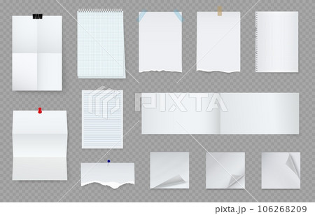 Paper notes. School notice board, memo sticky pad, pin, clip page, notepad list with pushpin and stickers, reminders on glue or adhesive tape, notebook sheets. Vector realistic illustration 106268209
