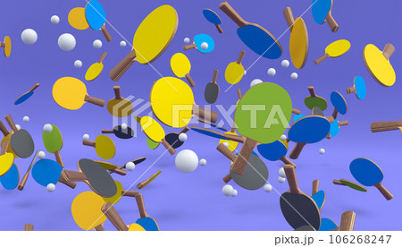 Flying of sport equipment like ping pong racket for table tennis on violet 106268247