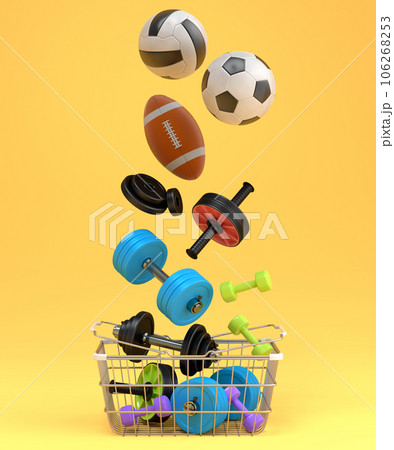 Sport equipment for fitness, gym, crossfit in shopping basket on yellow 106268253