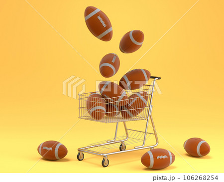 Set of ball like basketball, football and golf in shopping cart on yellow Set of ball like basketball, football and golf in shopping cart on yellow 106268254