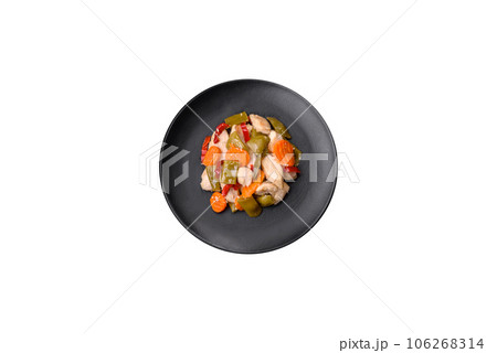 Delicious chicken slices and steamed vegetables carrots, broccoli, asparagus beans Delicious chicken slices and steamed vegetables carrots, broccoli, asparagus beans 106268314