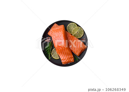 Fresh tasty raw red fish fillet with spices and herbs 106268349