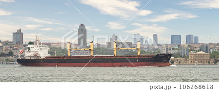 Large cargo ship sails through the Bosphorus Strait, dwarfed by the towering buildings of Istanbul, Turkey 106268618