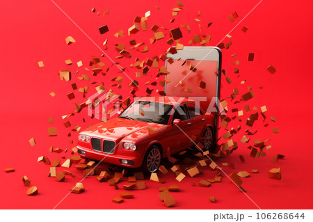 A red car appears from the phone screen. The machine pulls out of the smartphone display and confetti swirls around. Red bright background. Generated by AI. A red car appears from the phone screen. The machine pulls out of the smartphone display and confetti swirls around. Red bright background. Generated by AI. 106268644