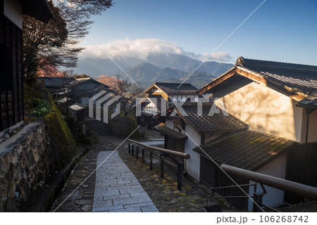 Magome juku preserved Japanese town at sunrise, Kiso valley Magome juku preserved Japanese town at sunrise, Kiso valley 106268742