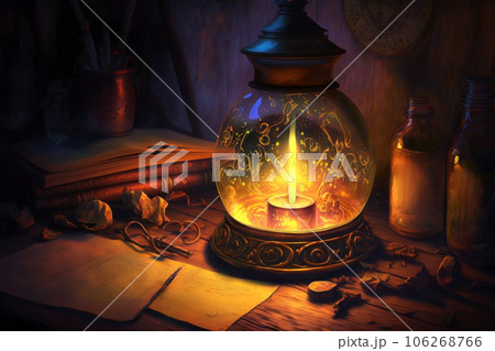 An old wooden table with notes and a beautiful antique lamp with patterned glass and a lit candle. Generative AI. 106268766