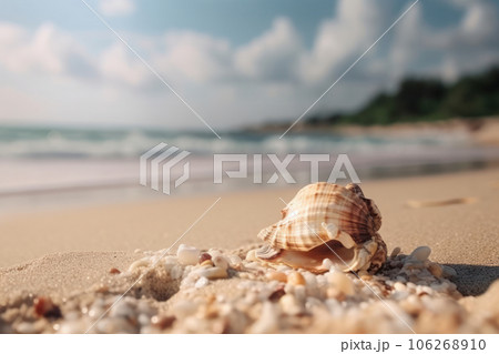 A beautiful seashell resting on the sandy beach with the shimmering ocean in the background, a perfect image of coastal serenity and beauty. AI Generative. A beautiful seashell resting on the sandy beach with the shimmering ocean in the background, a perfect image of coastal serenity and beauty. AI Generative. 106268910