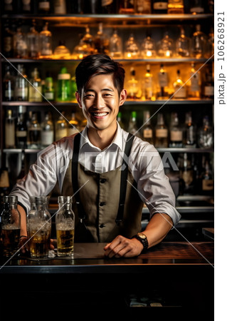 Young smiling Korean bartender on the workplace. Shelves with bottles of alcohol in the background 106268921