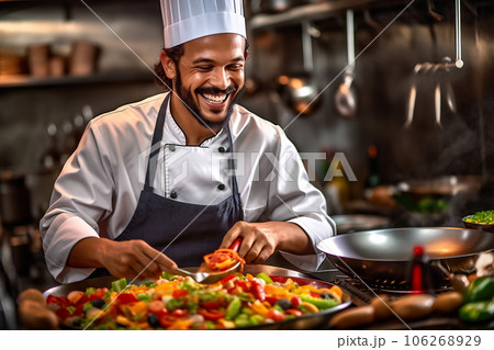 A famous chef works in a big restaurant kitchen with his help A famous chef works in a big restaurant kitchen with his help 106268929