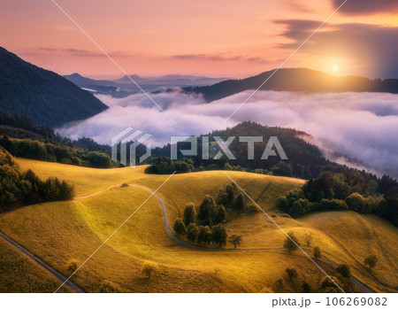 Aerial view of alpine meadows and mountains in low purple clouds 106269082