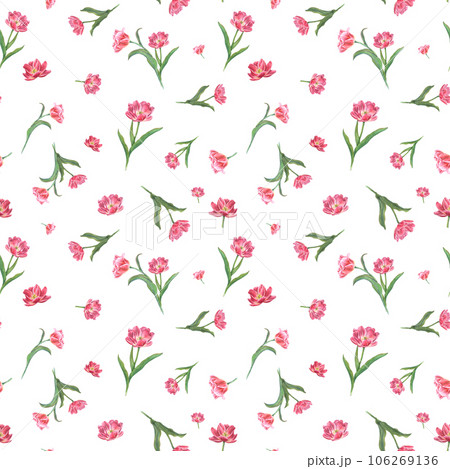 Garden pink double tulips ornate. Watercolor seamless pattern isolated on white background. Spring flower illustration for print, textile design, wrapping paper, scrapbooking, postcards Garden pink double tulips ornate. Watercolor seamless pattern isolated on white background. Spring flower illustration for print, textile design, wrapping paper, scrapbooking, postcards 106269136