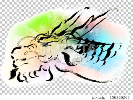 龍輪廓手繪日式插畫彩虹背景 106269263