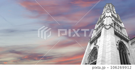 Great gothic church of Saint Germain l Auxerrois (against the background of a sky at sunset), Paris, France 106269912