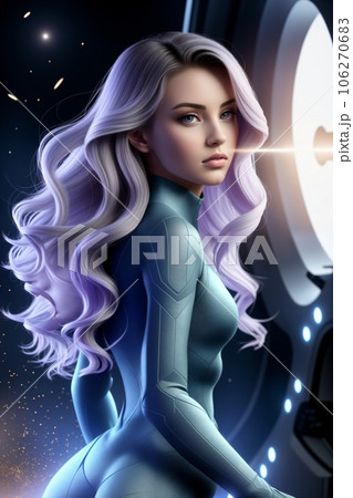 Beautiful woman astronaut in modern spacesuit 106270683