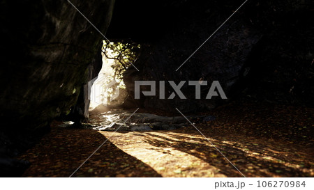 Empty road goes through the cave with glowing end 106270984