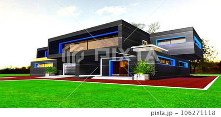 Blue and white glowing facade elements makes the exterior of the contemporary dwelling attractive for the buyer. 3d rendering. 106271118