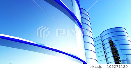Bright morning sky reflected in glass cylindrical exterior of the contemporary business complex built in London. 3d rendering. 106271120