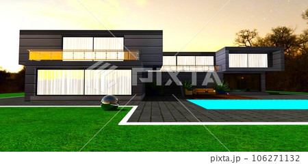 Cozy country dwelling at night. Light behind curtains looks nice in the windows, Glowing water in the swimming pool. 3d rendering. 106271132