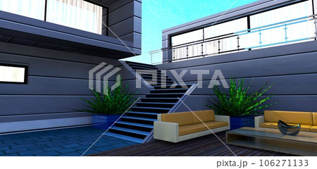 Curtains visible behind large panoramic windows with energy effective glass. Comfortable terrace above the relax zone. 3d rendering. Curtains visible behind large panoramic windows with energy effective glass. Comfortable terrace above the relax zone. 3d rendering. 106271133