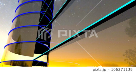Distant pure light of sunset reflected in mirror glass facade of the modern office center constructed in Warsaw. 3d rendering. 106271139