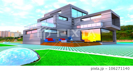 Distant rising sun reflected in mirror panoramic window and aluminium facade of the contemporary house constructed on the edge of the town. 3d rendering. 106271140