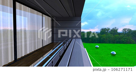 Nice green lawn visible from the balcony of modern cozy dwelling. Decking looks good with big panoramic glass door. 3d rendering. Nice green lawn visible from the balcony of modern cozy dwelling. Decking looks good with big panoramic glass door. 3d rendering. 106271171