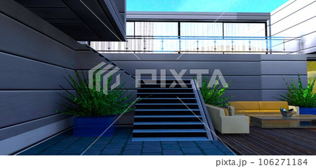 Staircase to the compact terrace with glass fence. White curtains behind large window. 3d rendering. 106271184