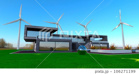 Using of wind turbines makes the contemporary real estate the energy independent. 3d rendering. Using of wind turbines makes the contemporary real estate the energy independent. 3d rendering. 106271199