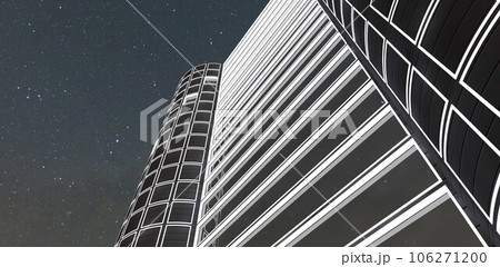 View from below to the high apartment building against the night starry sky.Good banner for real estate sale. 3d rendering. View from below to the high apartment building against the night starry sky.Good banner for real estate sale. 3d rendering. 106271200