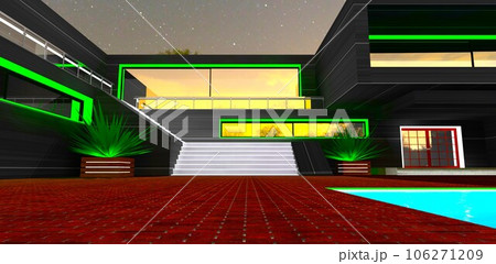 Wide staircase with white illuminated steps. Reflection of the sunset sky in large mirror window. 3d rendering. 106271209