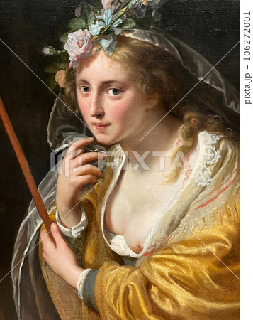 Amsterdam, Netherlands. August 11, 2023. Close up of the persons in old oil paintings. 106272001