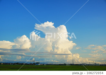 夏の積乱雲と田んぼ 106272054