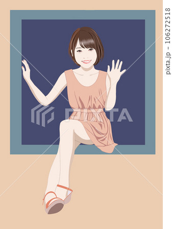 窓辺に座り手を振る若い女性イラスト 窓辺に座り手を振る若い女性イラスト 106272518