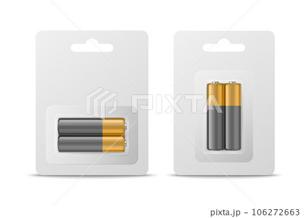 Vector 3d Realistic Two Alkaline Battery in Paper Bliste Icon Set Closeup Isolated. AA Size, Horizontal and Vertical Position. Design Template for Branding, Mockup 106272663