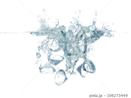Diamonds falls into water and creates air bubbles on surface. Many Diamonds drop hit smash to clear water and deep to bubble. White background isolated freeze motion Diamonds falls into water and creates air bubbles on surface. Many Diamonds drop hit smash to clear water and deep to bubble. White background isolated freeze motion 106273449