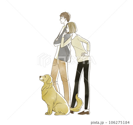 笑顔の男女と犬 106275184