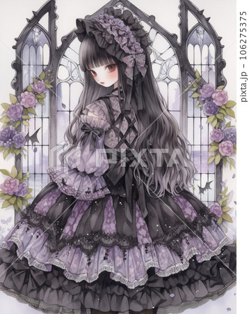 Girl by the window in gothic lolita purple dress - Stock