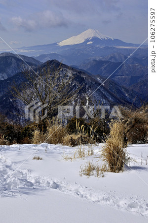 冬の丹沢　雪の鍋割山山頂より望む富士山 106275597