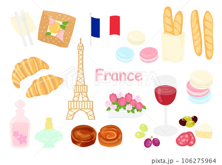 エッフェル塔やマカロン、ワインなどフランスをイメージした可愛いイラスト素材セット 106275964