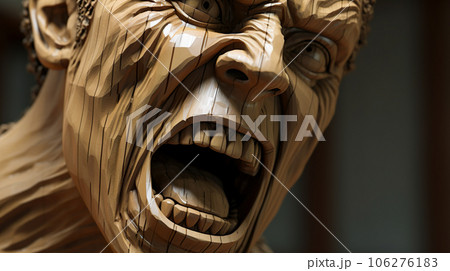 激しい怒りの表情の木彫り像「AI生成画像」 106276183