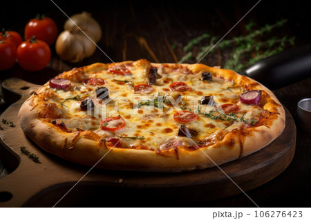 Fresh and delicious Margherita pizza with crispy thin crust, topped with mozzarella cheese, sliced with sharp pizza cutter. Perfect for vegetarians or meat lovers. AI Generative. Fresh and delicious Margherita pizza with crispy thin crust, topped with mozzarella cheese, sliced with sharp pizza cutter. Perfect for vegetarians or meat lovers. AI Generative. 106276423