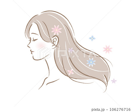 お花とロングヘアの女性の横顔のイラスト 106276716