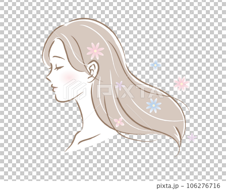 お花とロングヘアの女性の横顔のイラスト 106276716