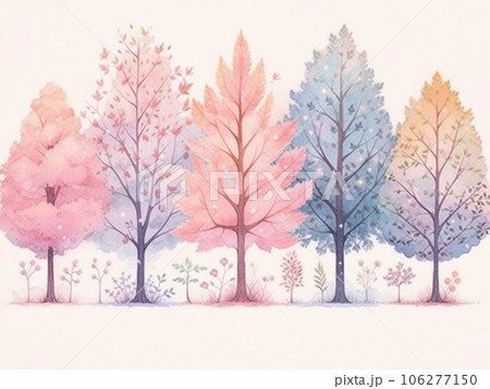 パステルカラーの可愛い木々の風景のイラスト素材 [106277150] - PIXTA