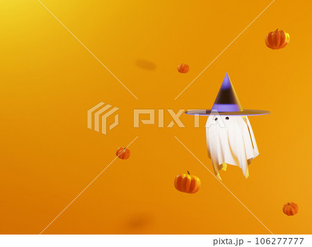 ハロウィンらしいオレンジのライトに照らされた空間に浮かんでいる白いお化けとカボチャ ハロウィンらしいオレンジのライトに照らされた空間に浮かんでいる白いお化けとカボチャ 106277777