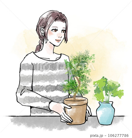 観葉植物を育てる女性 106277786