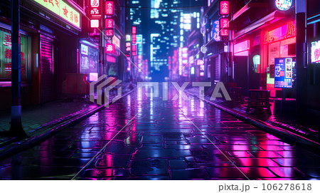 雨の日の夜の空想のネオン街「AI生成画像」のイラスト素材 [106278618] - PIXTA