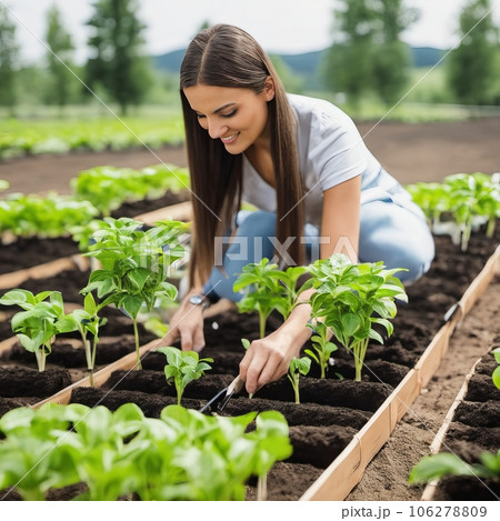 Attractive plant nursery female in her greenhouse Attractive plant nursery female in her greenhouse 106278809